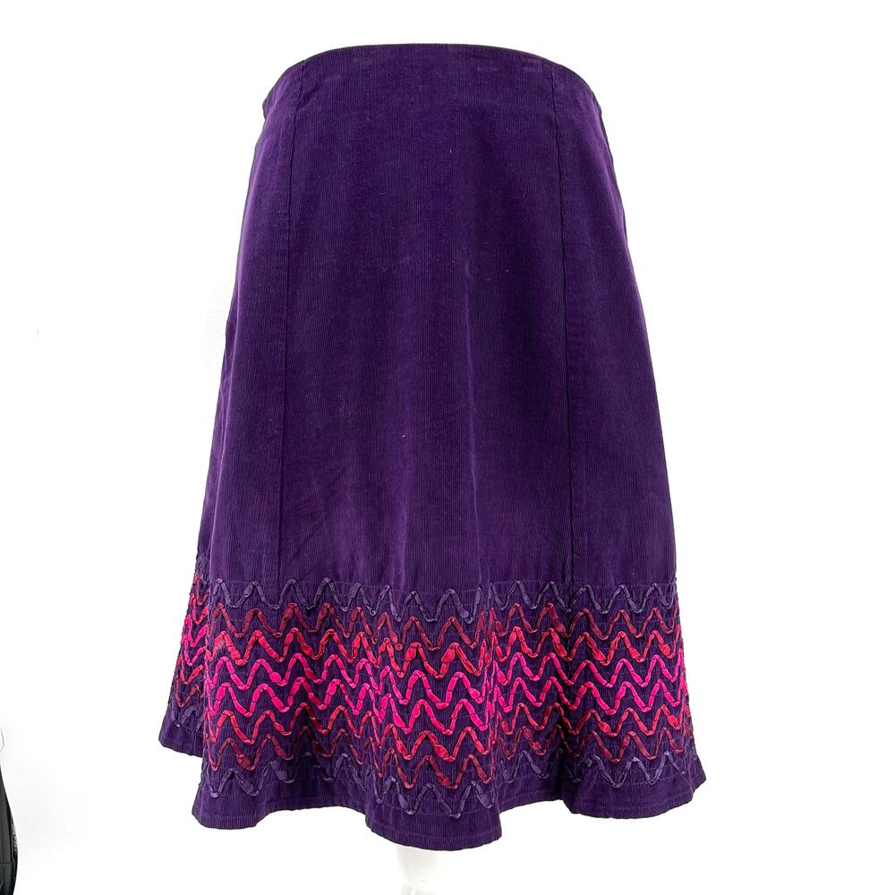Boden Purple Corduroy A-Line Skirt with Pink Embroidered Trim (6) Lined
